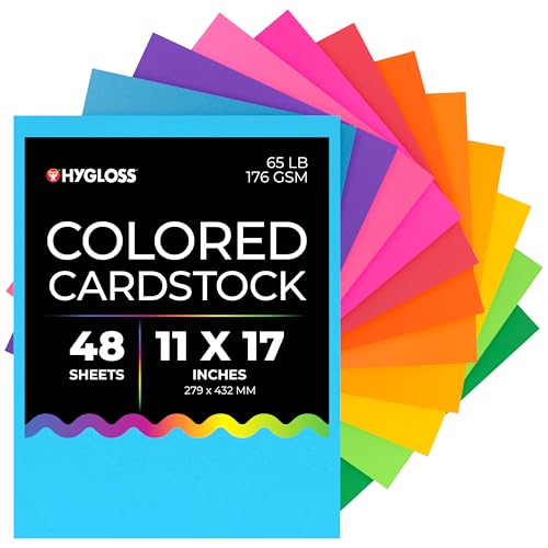 Hygloss Bright Colored Cardstock - 11x17-Inch, 12 Assorted Colors, 48 Sheets, 65 lb/ 176 gsm, Fade-Resistant, Acid-Free Color Card Stock Paper