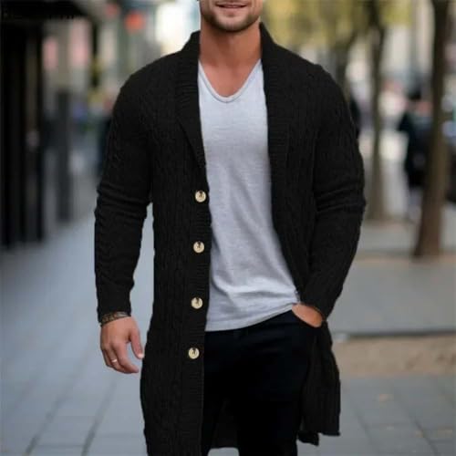 Men Long Cable Knit Cardigan Sweater Shawl Collar Button Front Thick Warm Pullover3