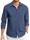 HISDERN Men's Long Sleeve Linen Shirt Lightweight Regular Fit Button Casual Summer Shirts with Pocket Blue L