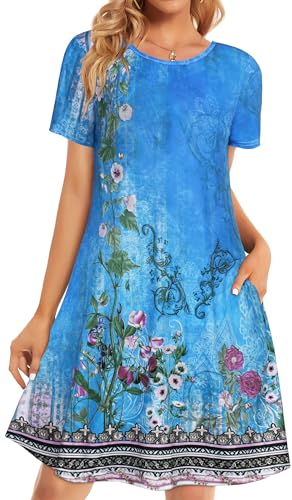 Image of Womens Summer Dresses Beach Casual Loose Tshirt Floral Short Sleeve Flowy Pockets Sundresses 2026