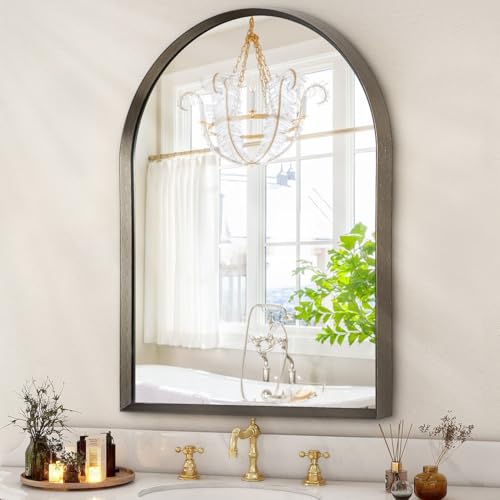 Image of Arched Mirrors for Wall, Brushed Metal Frame Mirror, Arch Bathroom Vanity Mirror for Living Room Bedroom Mantel Entryway Hallways Home Decor Aluminum Alloy Frame 20 inchx16 inch