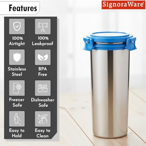 Image of Signoraware Lock N Store Stainless Steel Round Tumbler | Airtight & Leakproof | Compact Design | Easy to Clean | Ideal for Office, School, Travel, and Home Use (500ml | TBlue)