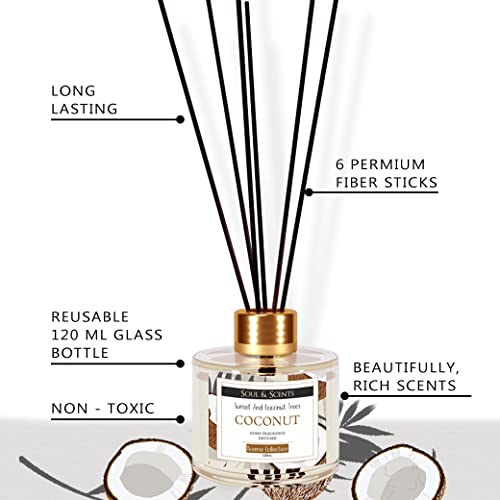 Image of Soul & Scents Coconut Reed Diffuser Set - 120ml with Free 6 Fiber Reed Sticks Each | Toxin Free & Stress Relief | Long Lasting | Smoke Less Room Freshener for Home, Bedroom & Office | Pack of 2