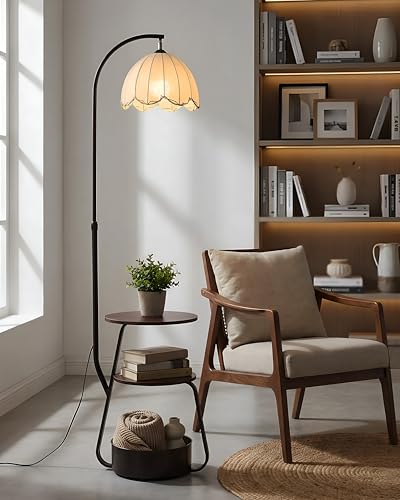 Image of WEIRD WOLF 3 Shelf Floor Lamp for Living Room with Side Table | 3 Color Dimmable LED | 160-170cm Adjustable Height | Storage Basket | Arc Design | Living Room & Bedroom Decor
