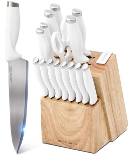 Home Hero Kitchen Knife Set with Sharpener - High Carbon Stainless Steel Knife Block Set with Ergonomic Handles (16 Pcs - White)