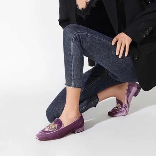 Image of Embroidered Loafers for Women Round Toe Chunky Heel Velvet Flats with Lion Head Pattern Wide Width Dress Casual Shoes