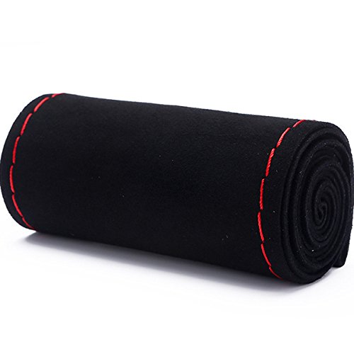 XuanMax DIY Gamuza Funda para Volante Coche Cosida Universal 38cm Coser a Mano Respirable Nubuck Cubierta del Volante Envoltura Protectora Antideslizante Cubre Volante Piel - Línea Rojo