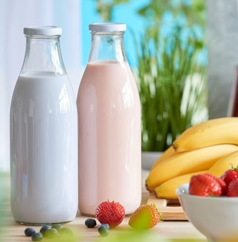 Foto von Geniess-Bar! 4 Milchflaschen 1L mit Deckel & Ersatzdeckel 1 Liter Glasflaschen erhältlich mit 2/4/6/9/12/15 Saftflaschen 1000ml Flaschen Weithalsflaschen leer mit Schraubdeckel Vorratsglas