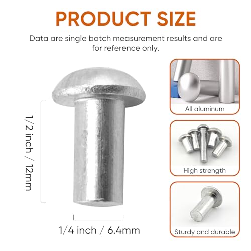 ALLCLEAN 1/4\" Diameter X 1/2\" Length Solid Aluminum Brazier Head Rivets,Aluminum Boat Rivets,Round/Dome Head Rivet,Pack of 130 - Thumbnail 2