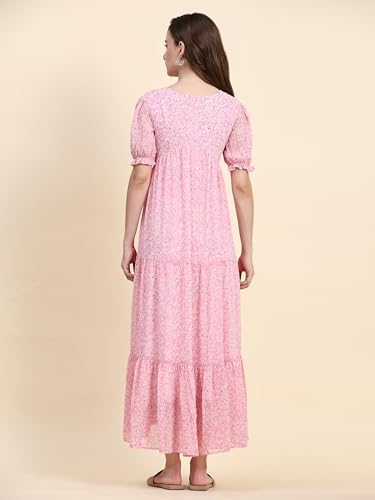 Toochki Women's Pink Georgette Floral Tiered Western Dress | Dress For Women | A Line Dress | Winter Dress | Western Dress | Latest Women Dress | Trendy Dress | Midi Dress