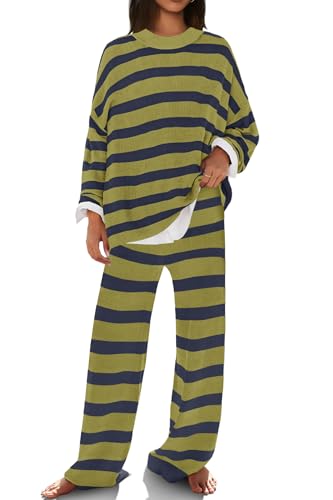 Image of SENSERISE Womens Striped Set Sweater Lounge Sets | Pajamas Set, Loungewear Set, Oversized Knit Sweater, Wide Leg Pants with Pockets, Fall Outfits, Pants Set