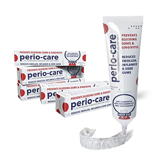 Perio-Care Gel for Trays (5 Tubes + Trays) - 1.7% Hydrogen Peroxide Gel - Designed to Treat Bleeding Gums Gingivitis Periodontitis Periodontal Disease and Gum Disease