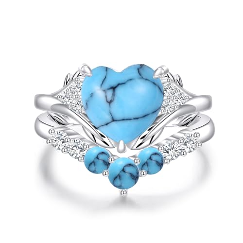 Personalized Natural Moss Agate/Turquoise Ring Set for Women with Leaf 925 Sterling Silver Customized Engagement Wedding Promise Ring Jewelry Gift for Anniversary Birthday Valentine's Day Christmas