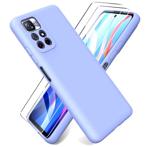 Ikziwreo Funda para Xiaomi Redmi Note 11T 5G / Poco M4 Pro 5G + [2 Pack] Protector Pantalla, Carcasa de Silicona Líquida Gel Ultra Suave Funda con tapete de Microfibra Anti-Rasguño - Púrpura Cover