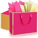 ReliThick 12 Pack Metallic Paper Gift Bag with Handles and Tissue Paper 11.8 x 10 x 4'' Thank You Favor Bag for Valentine's Day Wedding Bridesmaid Groomsman 5 Senses Gifts (Hot Pink,Gold)