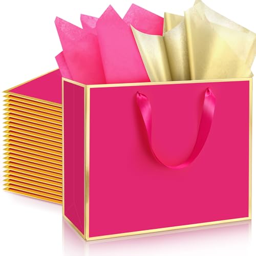 ReliThick 12 Pack Metallic Paper Gift Bag with Handles and Tissue Paper 11.8 x 10 x 4'' Thank You Favor Bag for Valentine's Day Wedding Bridesmaid Groomsman 5 Senses Gifts (Hot Pink,Gold)