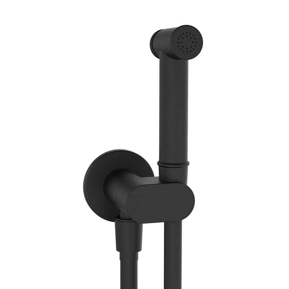 Idroscopino per wc e bidet nero opaco tondo in ottone, con supporto e flessibile 90 cm, sistema anti-allagamento con pulsante d’arresto