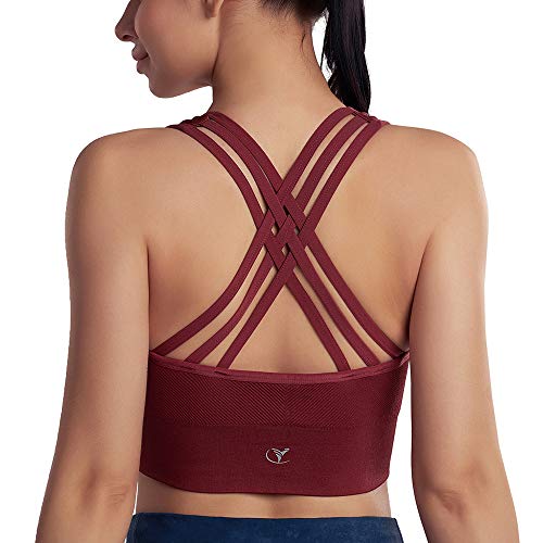 EILYEE Womens Padded Strappy Sports Bra Medium Support Cross Back Workout Fitness Yoga Bra Color A-Dark Red Size Large