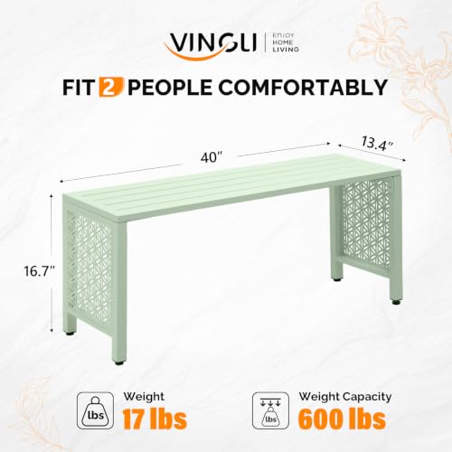 Image of VINGLI 40in Outdoor Metal Bench, All-Weathe Backless Patio Bench with Slatted Seat&Floral Side Panels, Rust-Resistant Garden Bench, Weatherproof Outdoor Seating for Porch Entryway Backyard (Green)