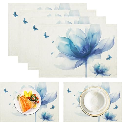 Juego de 6 Manteles Individuales Lavables, 30×65cm Salvamanteles Individuales para Cocina, Manteles Antimanchas Resistentes al Calor para el Hogar Hotel Restaurant, Floral Mariposa Azul