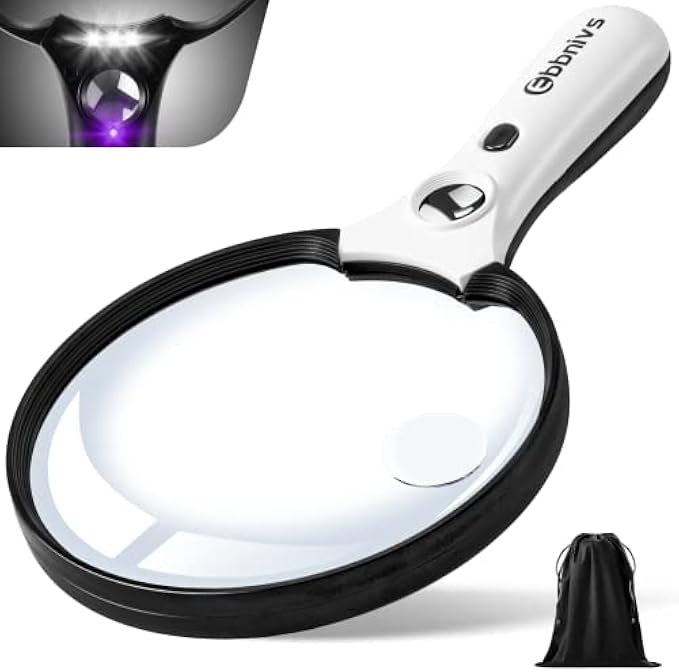 Large Magnifying Glass with Light, Magnifier 10X 20X 45X Handheld Illuminated Lighted Magnifier with 3 LED Lights 1UV Light Storage Bag Clean Cloth for Seniors Reading Inspection