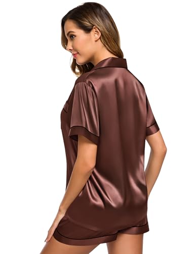 Image of SWOMOG Womens Silk Satin Pajamas Set Short Sleeve Sleepwear Button Down Top and Shorts Loungewear 2 Piece Pjs Set XS-3XL
