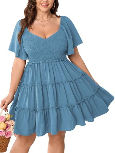 Image of SHESTARR Womens Plus Size Casual Mini Dress Sweetheart Neckline Short Flutter Sleeve Smocked A Line Tiered Ruffle Dresses