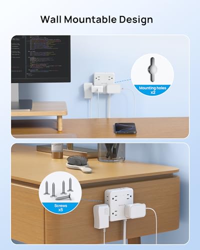 Image of TROND Power Strip, 360 Rotating Flat Plug, 8 Widely Spaced Outlets, 2U2C Ports, Flat Plug Extension Cord 3ft, 1440J Surge Protector, 1625W, White