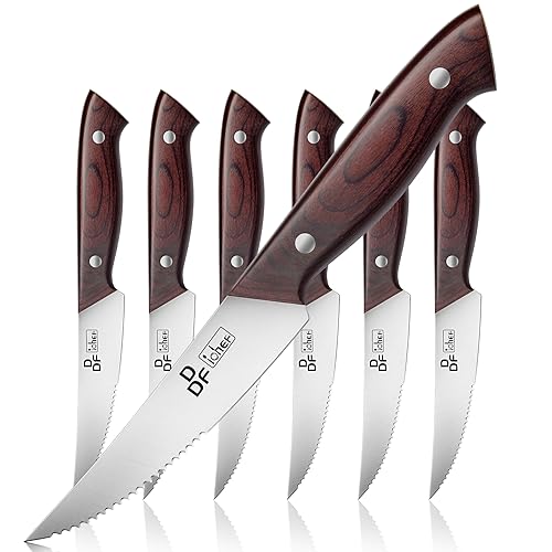 DDF iohEF Steak Knives Set of 6, Serrated Steak Knife 4.5 Inch High Carbon Japanese Stainless Steel Kitchen Steak Knife 6 Pieces Dinner Knives Ultra Sharp with Ergonomic Handle and Gift Box
