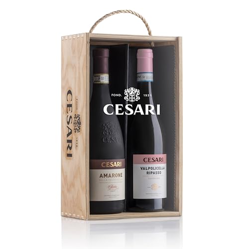 Cesari - Confezione Regalo in Legno e Plexiglass - Amarone della Valpolicella Classico DOCG 2021 e Valpolicella Ripasso DOC Superiore 2022-2 bottiglie da 750 ml