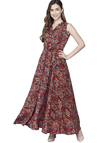 Image of Rudraaksha Women's Printed Maxi Dress Sleeveless Fit & Flare Long Dress || Western Dress for Women || Stylish Maxi Dress Dress || Summer Dress || Boho Printed Dress for Women