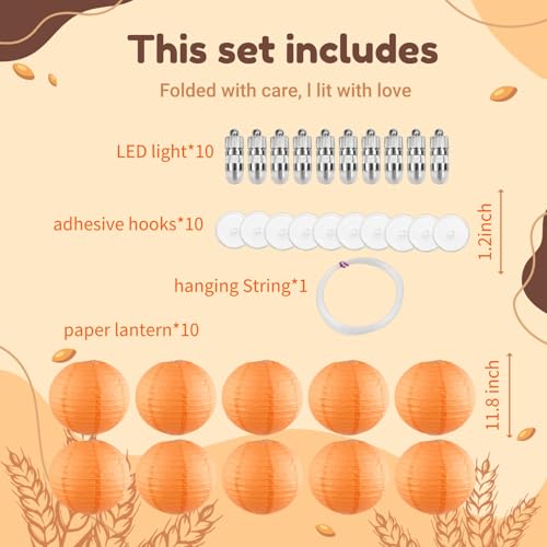 Image of Orange Chinese Paper Lanterns with LED Lights, 10-Pack 12inch | Hanging Lights for Halloween, Fall Festival, Birthday Decorations, Ceiling Decor & Home Party