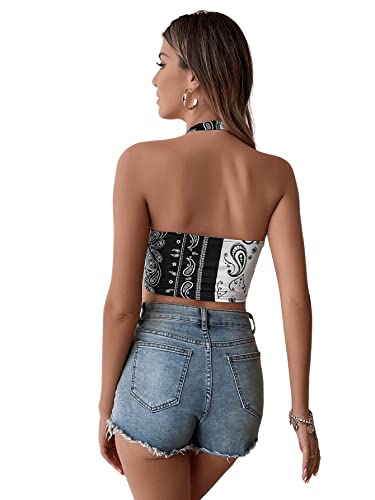 SOLY HUX Halter Tops for Women Paisley Print Bandana Shirt Cowgirl Outfits Country Concert Tops Color Block Crop Top Black White M - Image 3