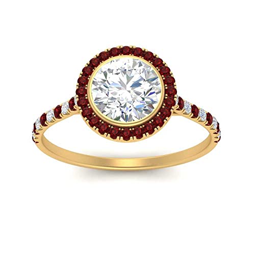 Image of 55Carat Choose Your Gemstone Bezel Round Halo Pave Diamond CZ Ring Yellow Gold Plated Round Shape Halo Engagement Rings Everyday Jewelry Wedding Jewelry Handmade Gifts for Wife US Size 4 to 12