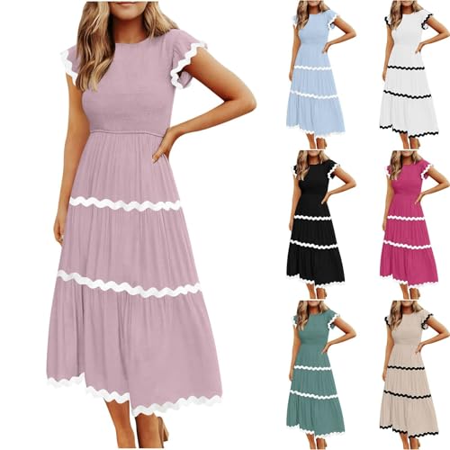 Women's Summer Fluttering Short Sleeve Hoodie Mini Skirt Casual High Waist Rickrack Layered Elegant Dress2