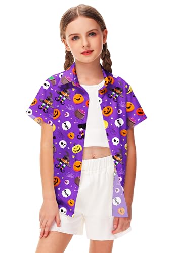 Image of Remimi Unisex Kids Halloween Shirt Boys Pumpkin Ghost Shirts Hawaii Button Up Tops 5-14 Years