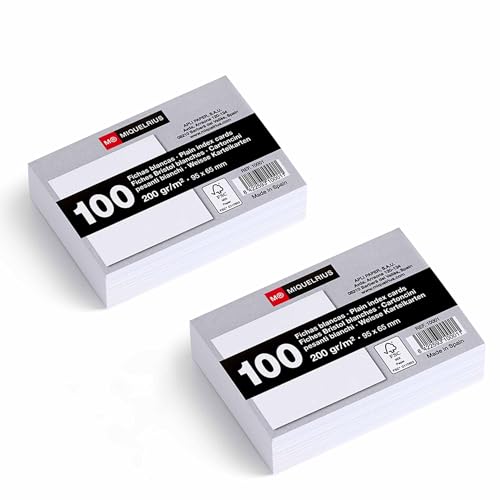Miquelrius - Fichas de cartulina 200 g/m², Tarjetas de estudio y preparación para oposiciones, Pack 200 fichas lisas para notas, Tamaño 95 x 65 mm, Flashcards, Material escolar y de oficina