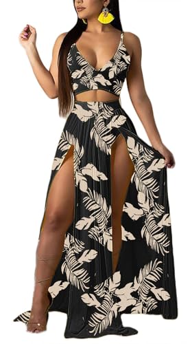 Image of Women Sexy 2 Piece Outfits Dress Chiffon Strap Deep V Neck Bra Crop Top High Split Maxi Dresses Skirt Set