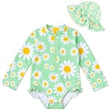 Maillot De Bain Pour Bébé Fille, Maillot De Bain Pour Tout Petite Avec Chapeau De Soleil, Maillot De Bain à Manches Longues, Protection Solaire Upf 50+, Rashguard Zippé Pour Enfants De 3 à 36 Mois