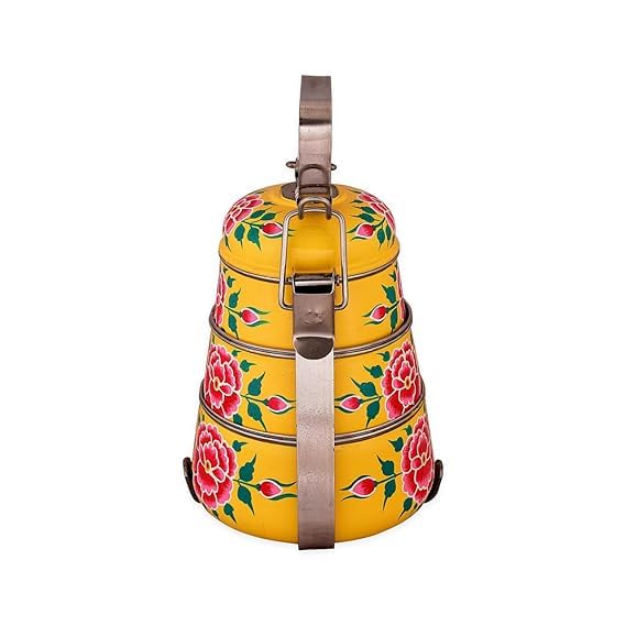 Image of iHandikart Handpainted Decorative Lunch Box Tiffin | Multiple Tier Stainless Steel Food Box | Designer Indian Print Tiffin for School | Diwali Gift, Navratri Gift (Color - Multicolor)