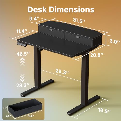 Image of HUANUO 32 inch X 21 inch Electric Standing Desk with 2 Drawers, C-Clamp Mount Compatible, Height Adjustable Computer Desk, Home Office Stand Up Desk with 4 Preset Heights & 2 Hooks, Black