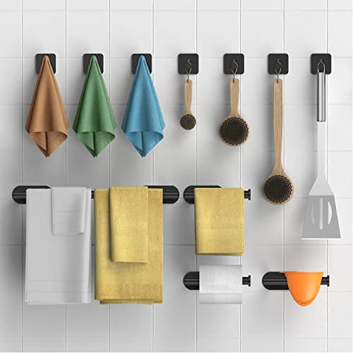 Self Adhesive Towel Bar，Toogond 5-Pieces Matte Black Bathroom Hardware Set Sus304 Stainless Steel Round Wall Mounted - Includes 16-Inch Bath Towel Bar,Toilet Paper Holder & 3 Packs Towel Hooks #TOP7