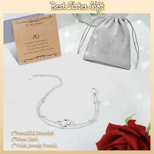 Sister Birthday Present : Cool Gifts for Adult Sister - Sterling Silver Interlocking 2 Circles-Dainty Layering Bracelets for Sisters, Christmas Valentine's Day Jewelry Gifts for BFF4