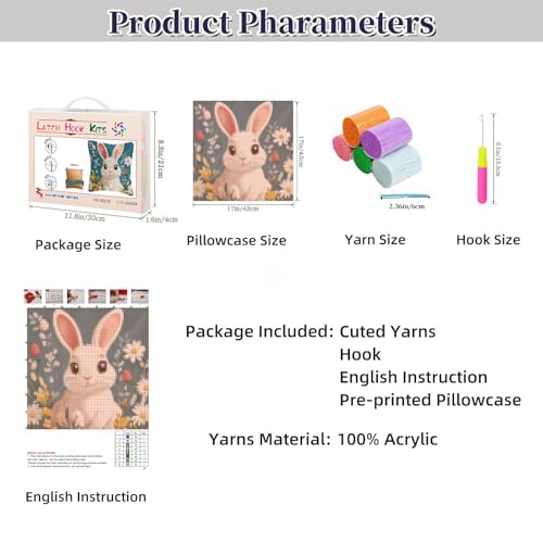 Image of Latch Hook Pillow Kits Cartoon Easter Rabbit in Flowers Stamped Pillowcase Handamade Crochet Yarn Hook and Latch Emboridery Throw Pillow Cover for Home Sofa Decor 43x43cm(3)