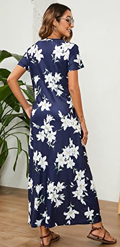 Hount Maxi Dress For Women Summer Casual 2023 Short Sleeve Sundresses Beach Dresses With Pockets Navy White M #TOP5
