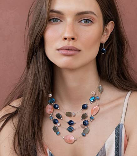 Layered Chunky Beaded Necklace For Women Colorful Multi-Layer Statement Necklace And Earrings Set Gift For Her(Blue Pink Colorful) #TOP2