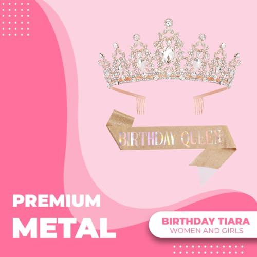 Birthday Tiara Crown with Sash for Women, Headband Hair Accessories for Wedding Party Costume Rose