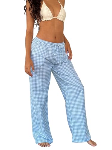 Women's Checkered Lounge Comfy Casual Trousers Elastic Waist Drawstring Pattern Pajama Pants4