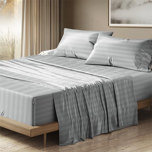 Image of THREAD SPREAD 100% Egyptian Cotton Damask King Size Sheets Set - Luxury 1500 Series Egyptian Cotton Sheets King Size (4 PC, Silver Stripe), Silky Soft, Sateen & Cooling, 17 inch Deep Pocket Bed Set
