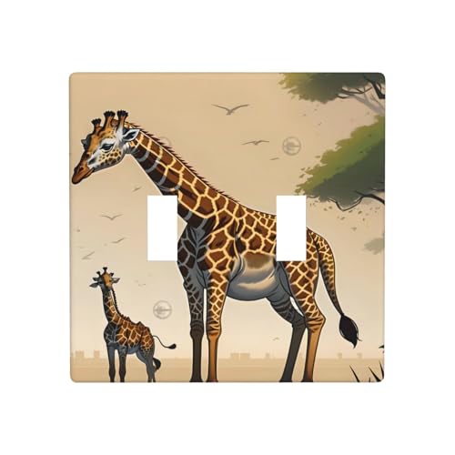 Mother and child giraffe Durable Decorative Wall Plate Double Switch Cover - PC Material for Living Room, Kitchen, Bedroom